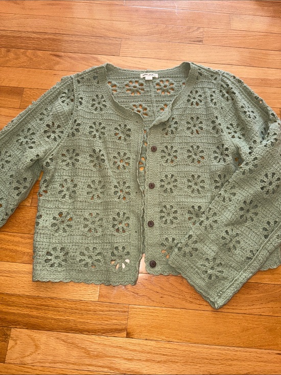 Sweaters - Crochet Floral Openwork Button Cardigan - Sage Green